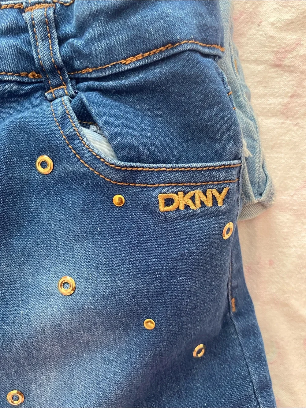 DKNY Girls' Dark and Light Blue Denim Shorts with Gold Studs